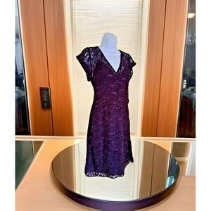 JC Penney Eggplant Purple Lace Dress 14 Sequin Layered Cap Sleeves Side Zip NWT